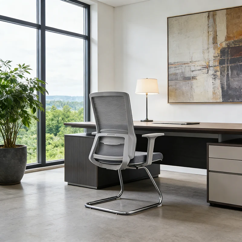 Modern Gray Ergonomic Mesh Visitor Chair With Lumbar Support - Heavy-Duty Cantilever Desk Chair With Electroplated Steel Frame For Home Office