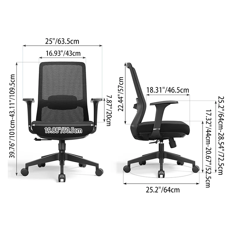 Adjustable Lumbar Support Ergonomic Mid-Back Desk Chair - Minimalist Memory Sponge Seat & BIFMA-Approved Casters For Home Office