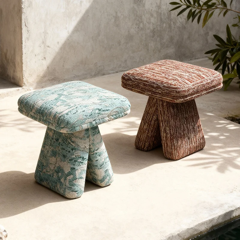 Contemporary Scandinavian Plywood Chenille Cotton Linen Velvet Square Top Triangular Vanity Stool Backless Armless For Bedroom