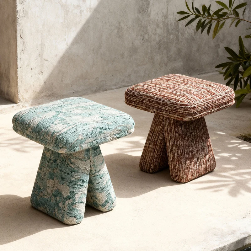 Contemporary Scandinavian Plywood Chenille Cotton Linen Velvet Square Top Triangular Vanity Stool Backless Armless For Bedroom