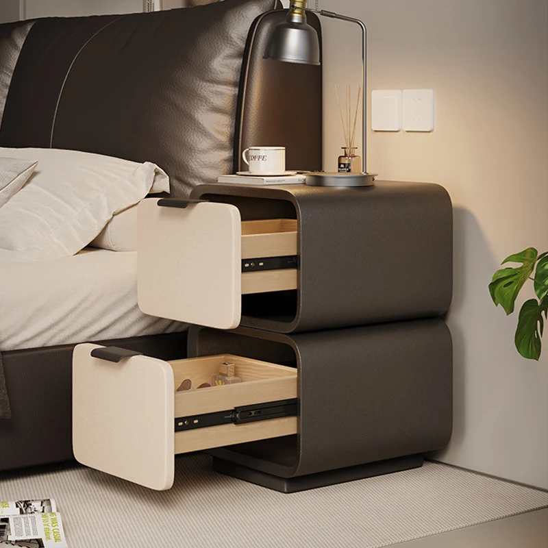 Modern Luxury Plywood Cat Scratch Leather Rounded Square Nightstand 2-Drawer For Bedroom