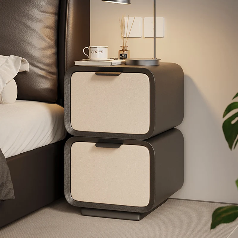Modern Luxury Plywood Cat Scratch Leather Rounded Square Nightstand 2-Drawer For Bedroom