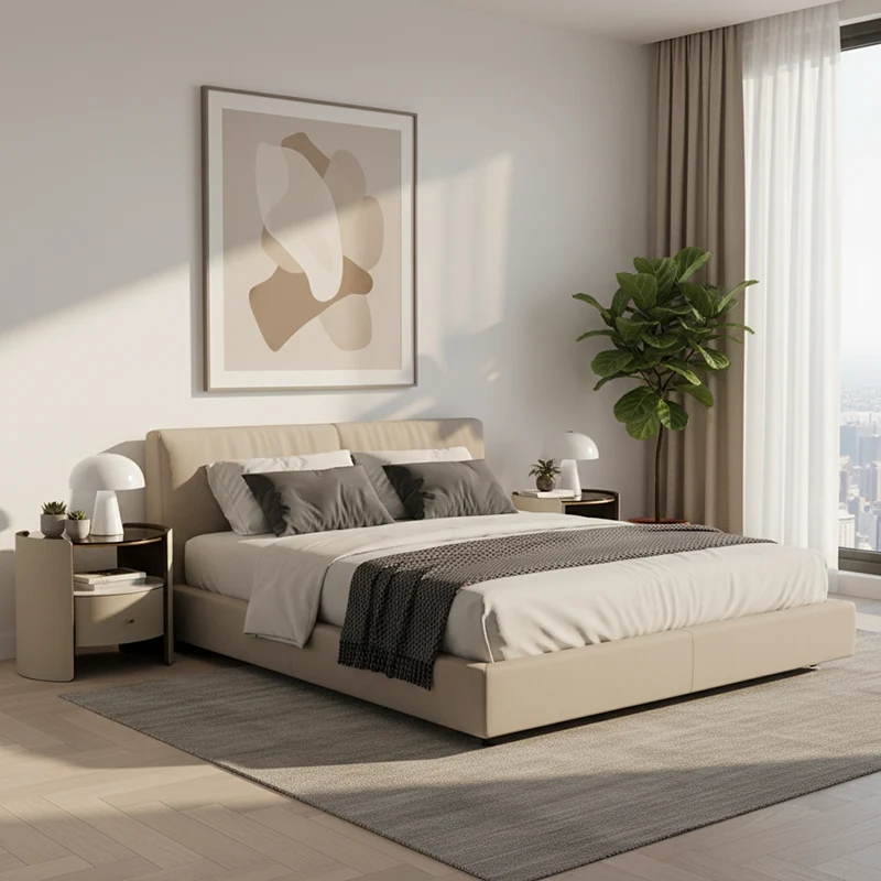 Contemporary Scandinavian Round Floating Side Table - Wrapped Saddle-Style Faux Leather Nightstand 1 Drawer For Bedroom