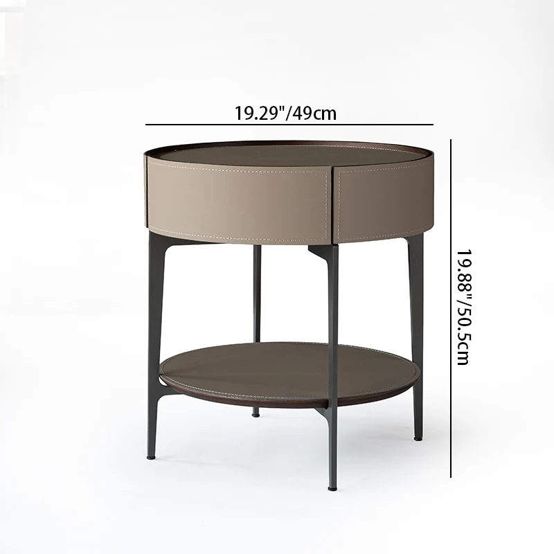 Contemporary Creative Saddle-Style Faux Leather Side Table - Round Metal Legs 1 Drawers Nightstand For Bedroom