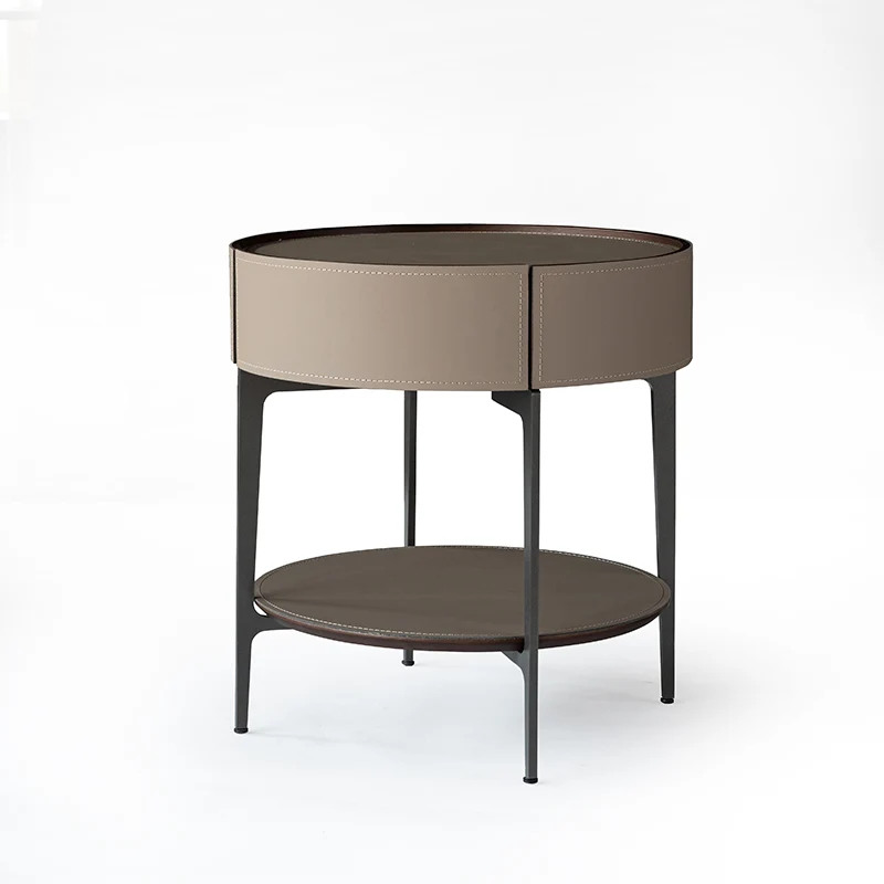 Contemporary Creative Saddle-Style Faux Leather Side Table - Round Metal Legs 1 Drawers Nightstand For Bedroom