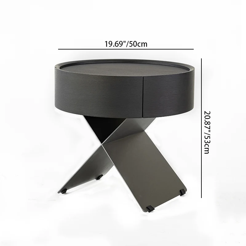 Contemporary Sculptural X-Metal Base Bedside Table - Round 1 Drawer Nightstand For Bedroom
