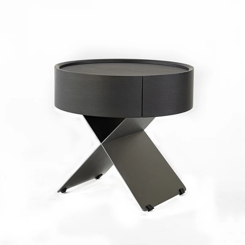 Contemporary Sculptural X-Metal Base Bedside Table - Round 1 Drawer Nightstand For Bedroom