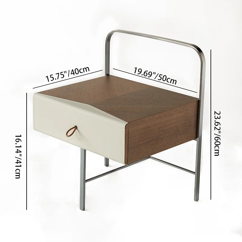 Contemporary Creative Saddle-Style Faux Leather Bedside Table - Square Metal Frame 1 Drawer Nightstand For Bedroom