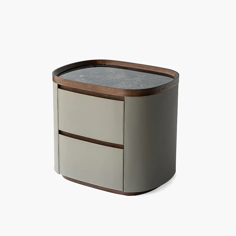 Modern Luxury Rounded Edge Bedside Cabinet - Saddle-Style Faux Leather 2 Drawer Nightstand For Bedroom