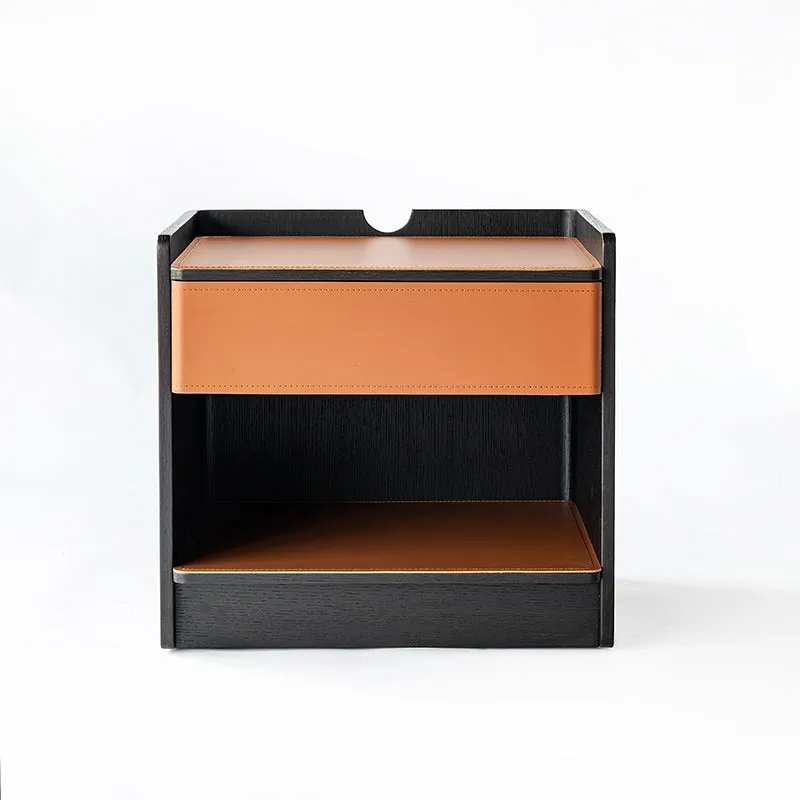 Contemporary Curved Edge Saddle-Style Faux Leather Bedside Table - Open Storage 1 Drawer Nightstand For Bedroom