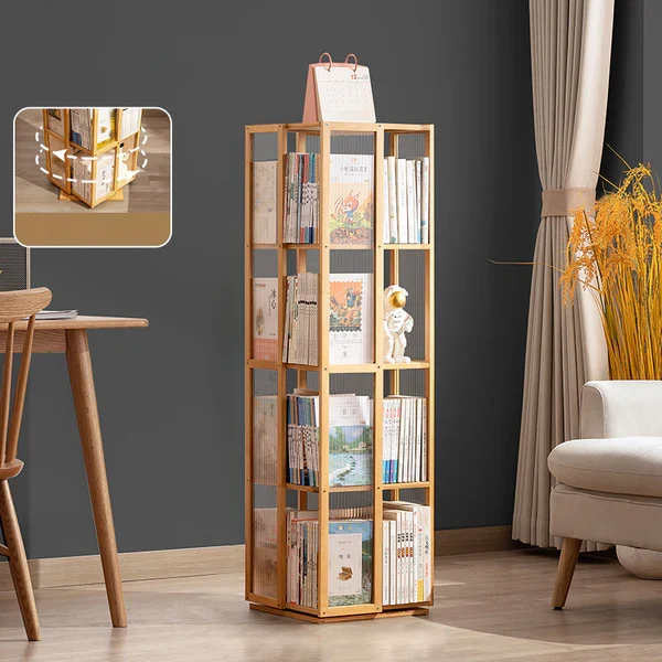 Modern Minimalist Rectangular Nanmu Bamboo Composite Board ABS Acrylic Rotating Bookshelf 4/5/6 Tier For Home & Office