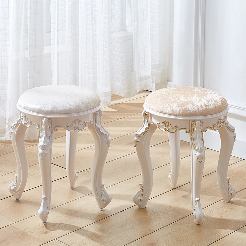 Traditional French Cylindrical Round ABS Plastic PU Leather Velvet Vanity Stool Backless Armless For Bedroom