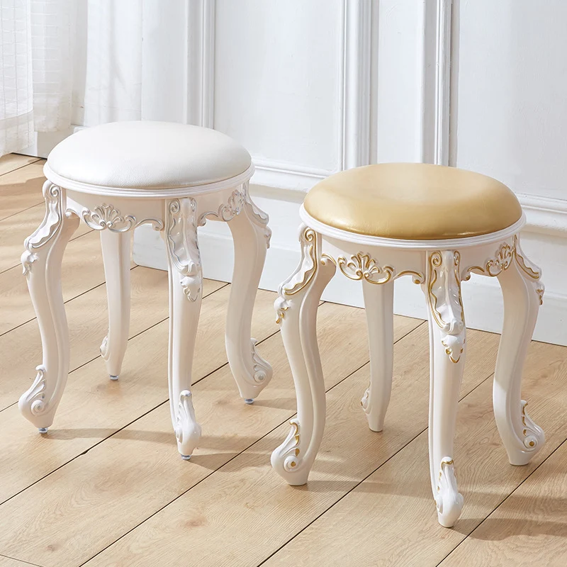 Traditional French Cylindrical Round ABS Plastic PU Leather Velvet Vanity Stool Backless Armless For Bedroom
