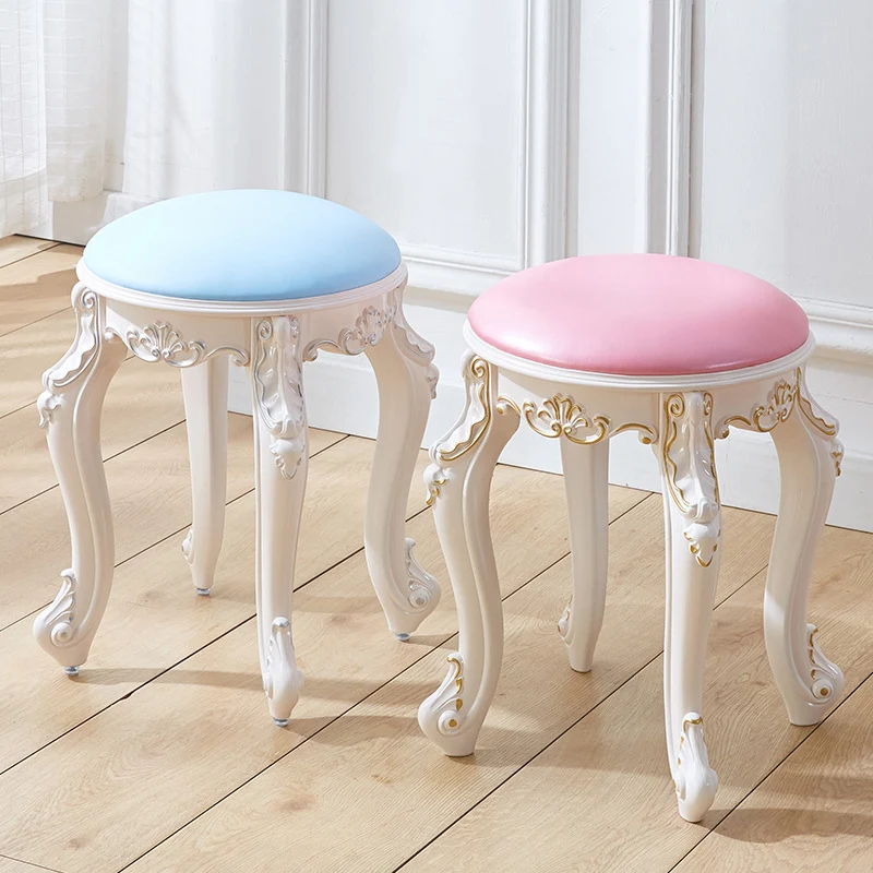 Traditional French Cylindrical Round ABS Plastic PU Leather Velvet Vanity Stool Backless Armless For Bedroom