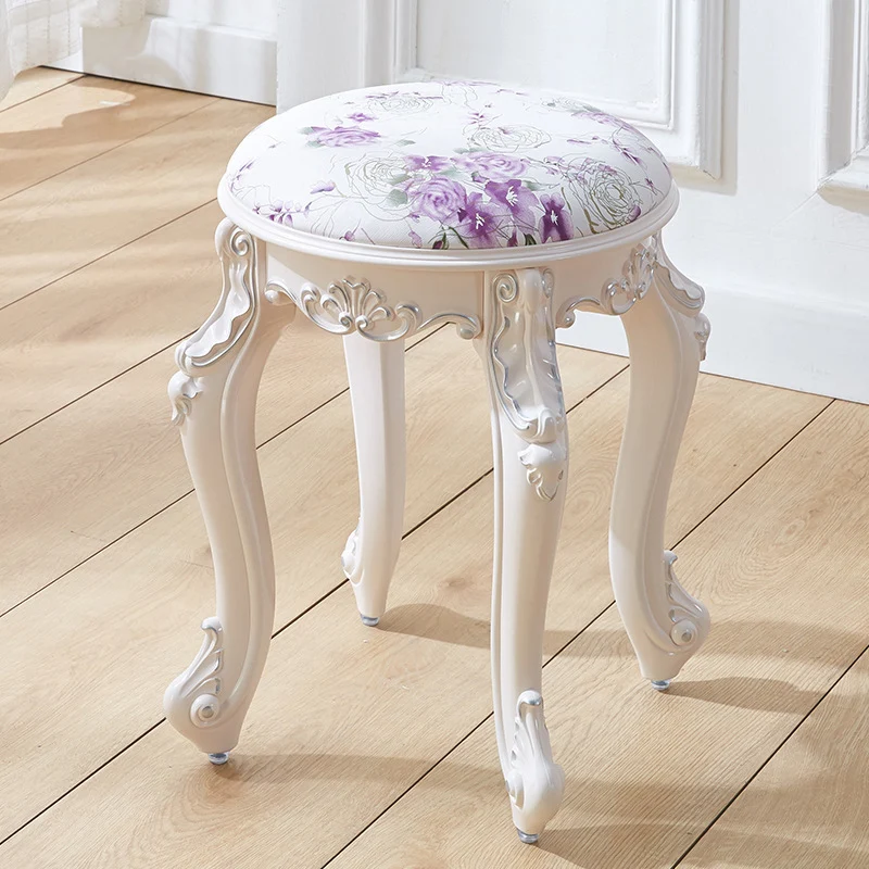 Traditional French Cylindrical Round ABS Plastic PU Leather Velvet Vanity Stool Backless Armless For Bedroom