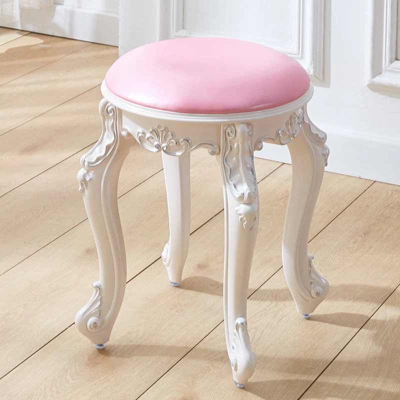 Traditional French Cylindrical Round ABS Plastic PU Leather Velvet Vanity Stool Backless Armless For Bedroom