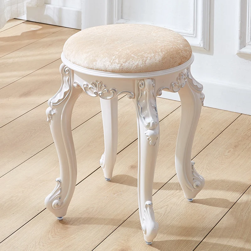 Traditional French Cylindrical Round ABS Plastic PU Leather Velvet Vanity Stool Backless Armless For Bedroom