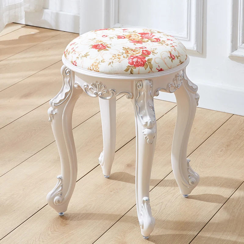 Traditional French Cylindrical Round ABS Plastic PU Leather Velvet Vanity Stool Backless Armless For Bedroom