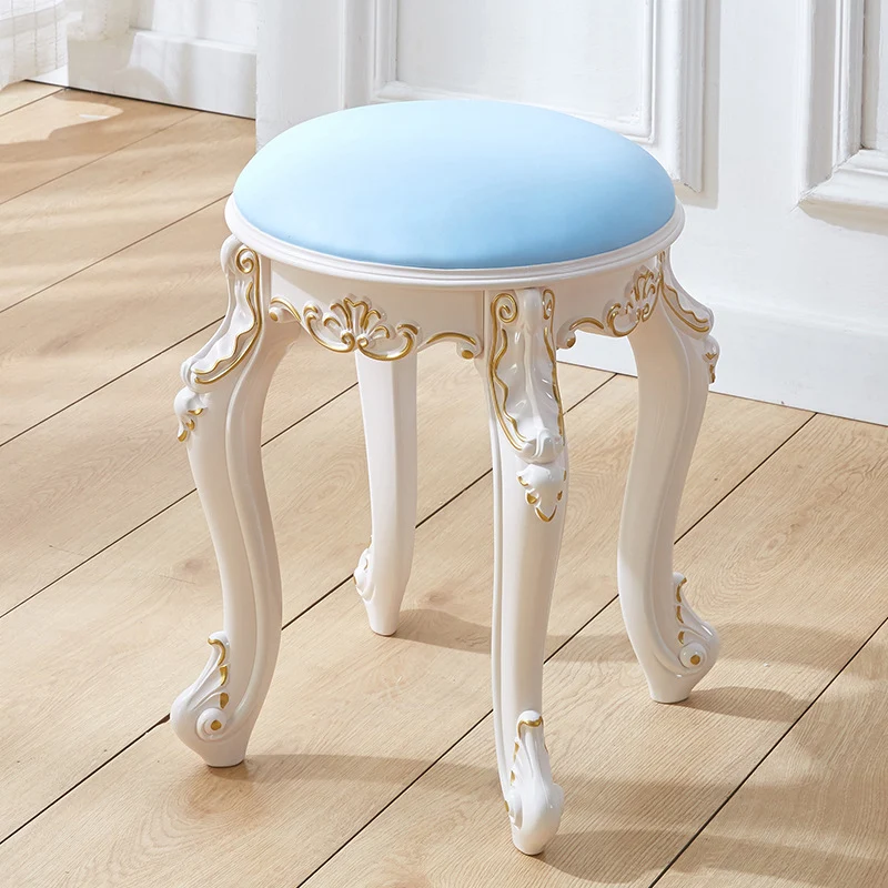 Traditional French Cylindrical Round ABS Plastic PU Leather Velvet Vanity Stool Backless Armless For Bedroom