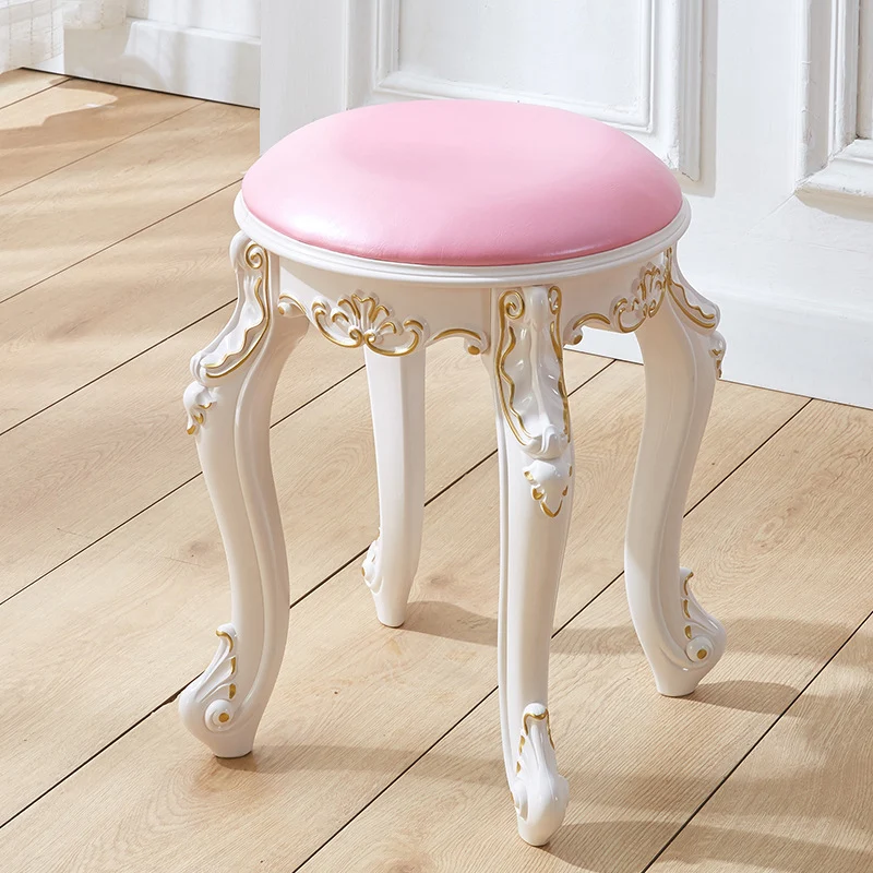 Traditional French Cylindrical Round ABS Plastic PU Leather Velvet Vanity Stool Backless Armless For Bedroom