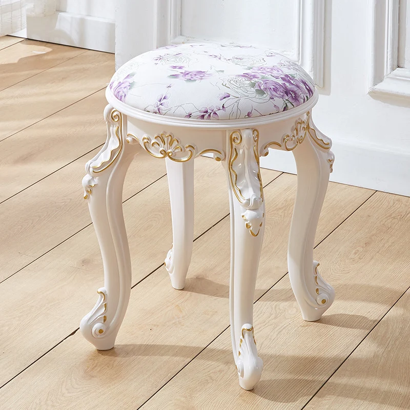 Traditional French Cylindrical Round ABS Plastic PU Leather Velvet Vanity Stool Backless Armless For Bedroom