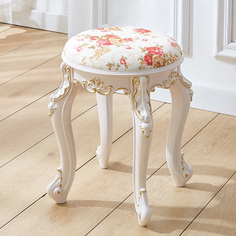 Traditional French Cylindrical Round ABS Plastic PU Leather Velvet Vanity Stool Backless Armless For Bedroom