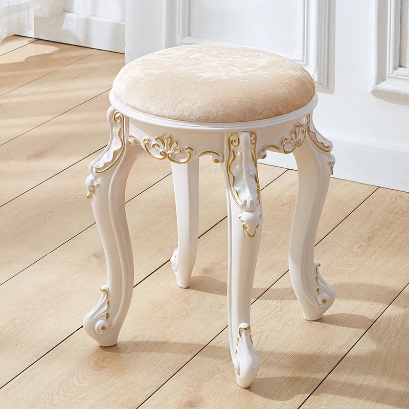 Traditional French Cylindrical Round ABS Plastic PU Leather Velvet Vanity Stool Backless Armless For Bedroom