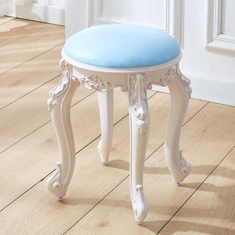Traditional French Cylindrical Round ABS Plastic PU Leather Velvet Vanity Stool Backless Armless For Bedroom