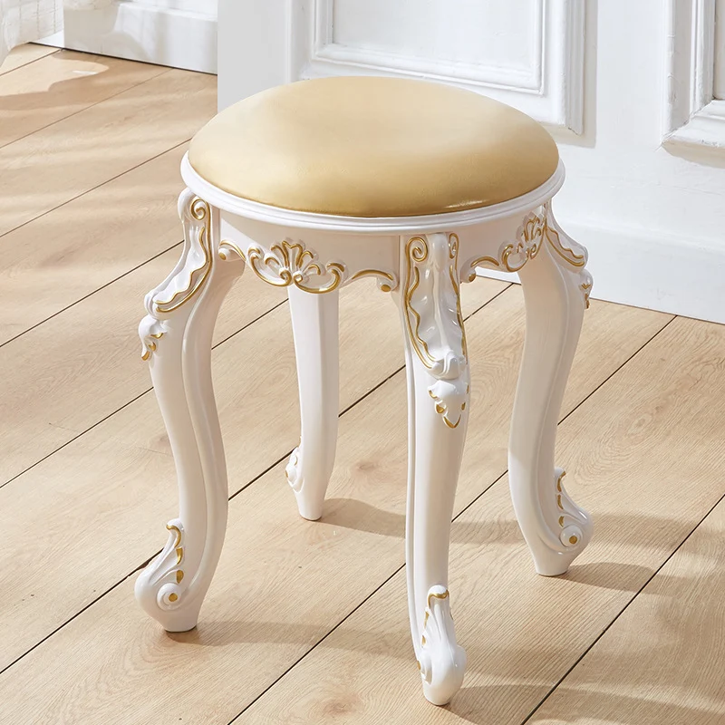 Traditional French Cylindrical Round ABS Plastic PU Leather Velvet Vanity Stool Backless Armless For Bedroom