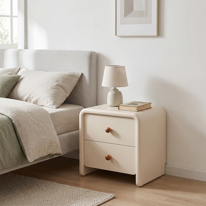 Modern Minimalist MDF Cream Nightstand - 2 Drawers Bedside Table With Rounded Corners & Open Base Storage Cabinet For Bedroom