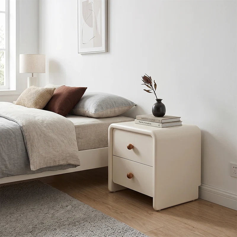 Modern Minimalist MDF Cream Nightstand - 2 Drawers Bedside Table With Rounded Corners & Open Base Storage Cabinet For Bedroom