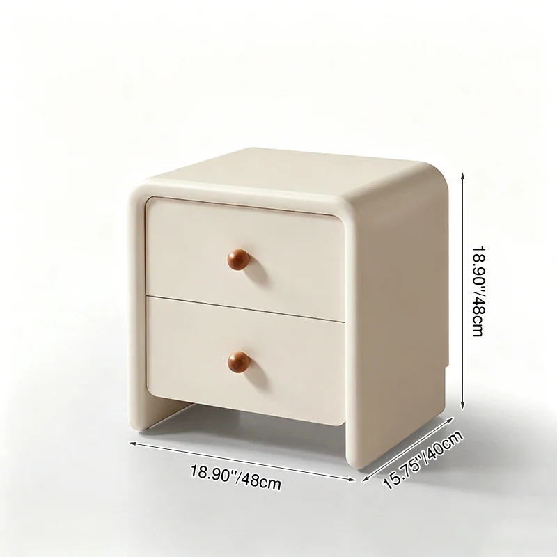 Modern Minimalist MDF Cream Nightstand - 2 Drawers Bedside Table With Rounded Corners & Open Base Storage Cabinet For Bedroom