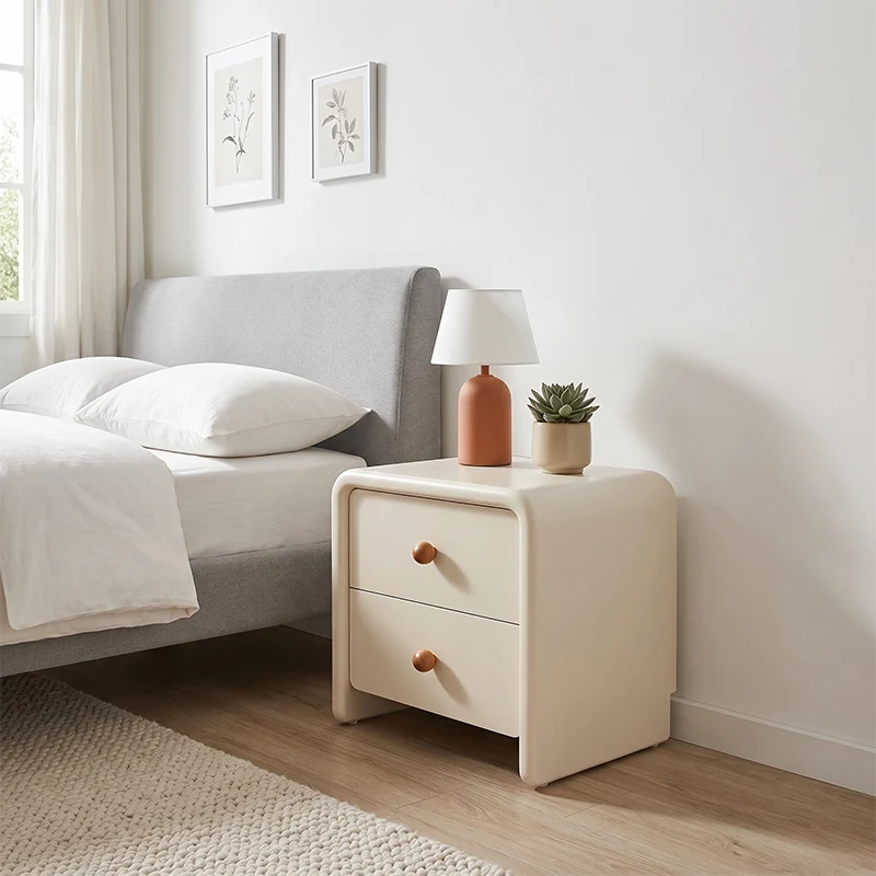 Modern Minimalist MDF Cream Nightstand - 2 Drawers Bedside Table With Rounded Corners & Open Base Storage Cabinet For Bedroom