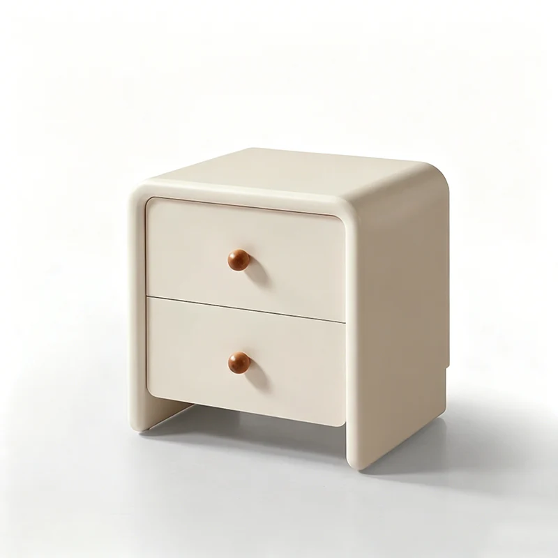 Modern Minimalist MDF Cream Nightstand - 2 Drawers Bedside Table With Rounded Corners & Open Base Storage Cabinet For Bedroom