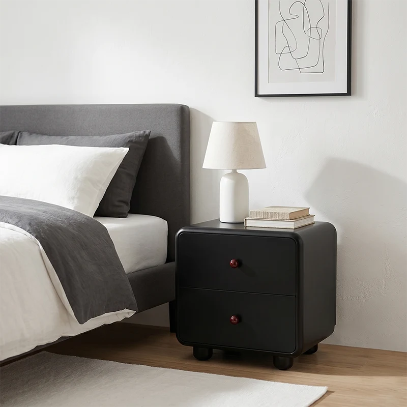 Modern Minimalist MDF Cream Style Nightstand With Dual Round Handles - 2 Drawers Bedside Table With Rounded Corners Storage Cabinet For Bedroom