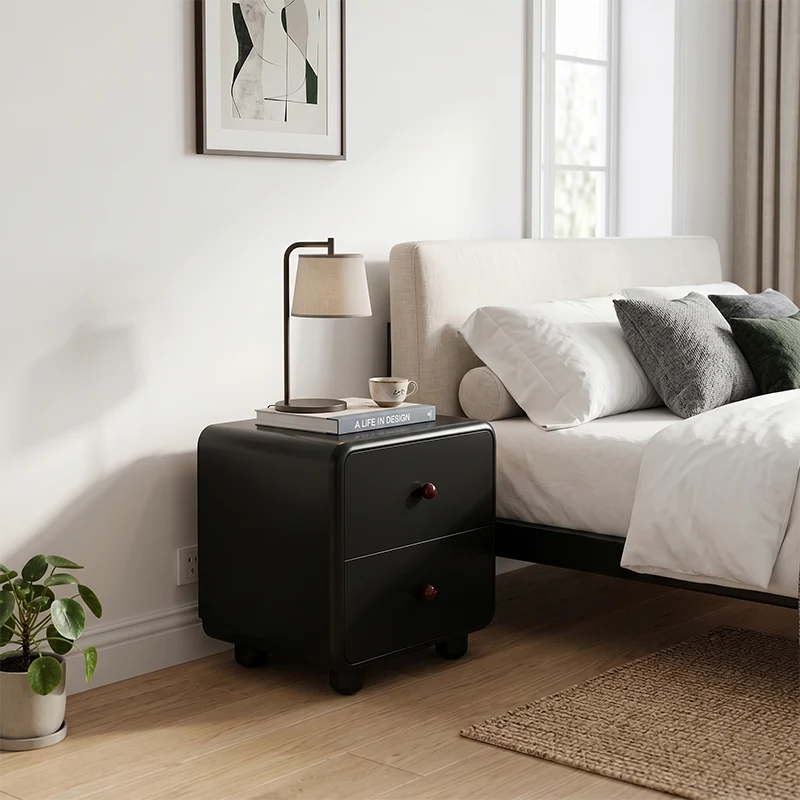 Modern Minimalist MDF Cream Style Nightstand With Dual Round Handles - 2 Drawers Bedside Table With Rounded Corners Storage Cabinet For Bedroom
