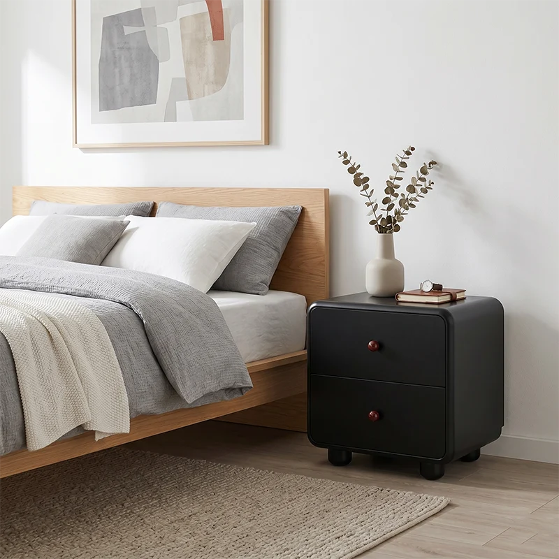 Modern Minimalist MDF Cream Style Nightstand With Dual Round Handles - 2 Drawers Bedside Table With Rounded Corners Storage Cabinet For Bedroom