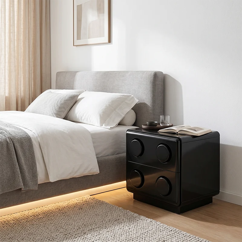 Contemporary Creative MDF Nightstand - Block-Inspired 2-Drawer Bedside Storage Cabinet With Rounded Edges & Built-in Knob Handles For Bedroom