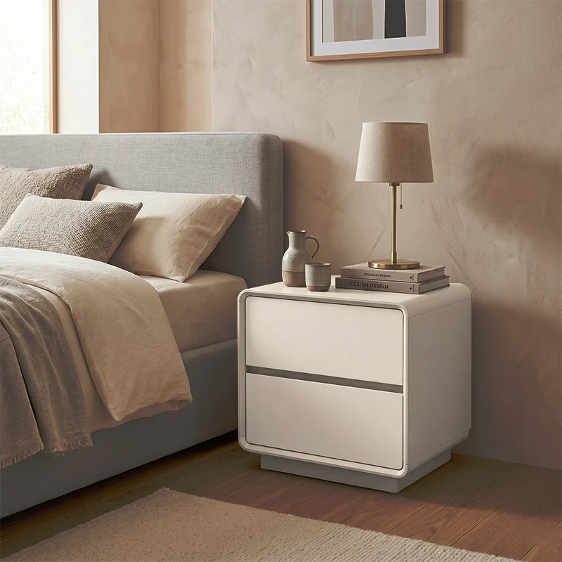 Modern Minimalist MDF Cream White Nightstand 2-Drawer - Rounded Edge Bedside Storage Cabinet With Hidden Handle For Bedroom