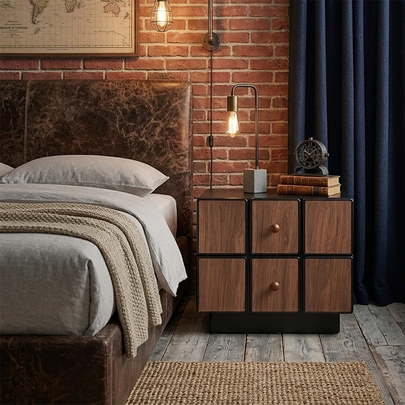 Contemporary Geometric MDF Nightstand - Retro Color Contrast Panels Bedside Table With 2 Drawers & Circular Handles For Bedroom