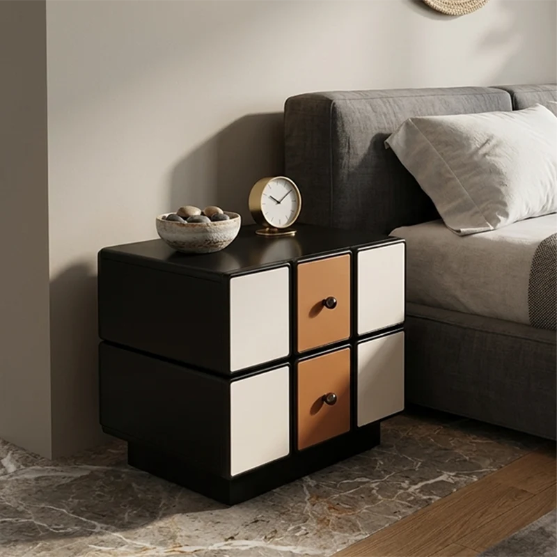 Contemporary Geometric MDF Nightstand - Retro Color Contrast Panels Bedside Table With 2 Drawers & Circular Handles For Bedroom