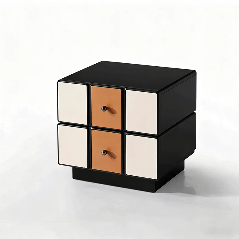 Contemporary Geometric MDF Nightstand - Retro Color Contrast Panels Bedside Table With 2 Drawers & Circular Handles For Bedroom
