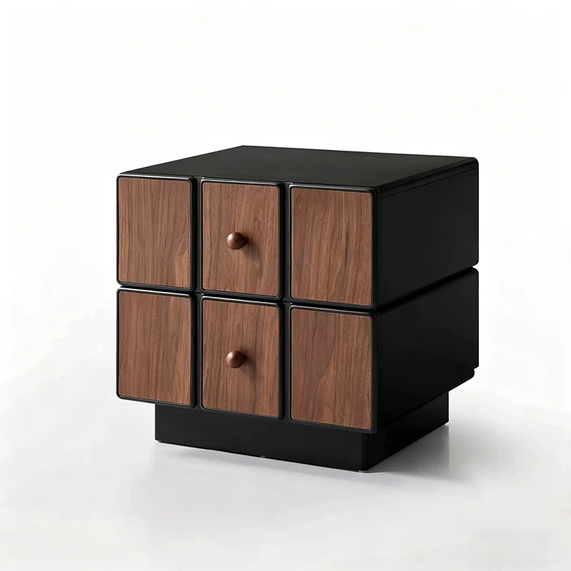 Contemporary Geometric MDF Nightstand - Retro Color Contrast Panels Bedside Table With 2 Drawers & Circular Handles For Bedroom
