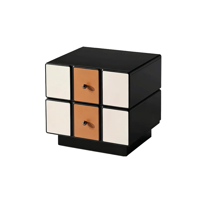 Contemporary Geometric MDF Nightstand - Retro Color Contrast Panels Bedside Table With 2 Drawers & Circular Handles For Bedroom