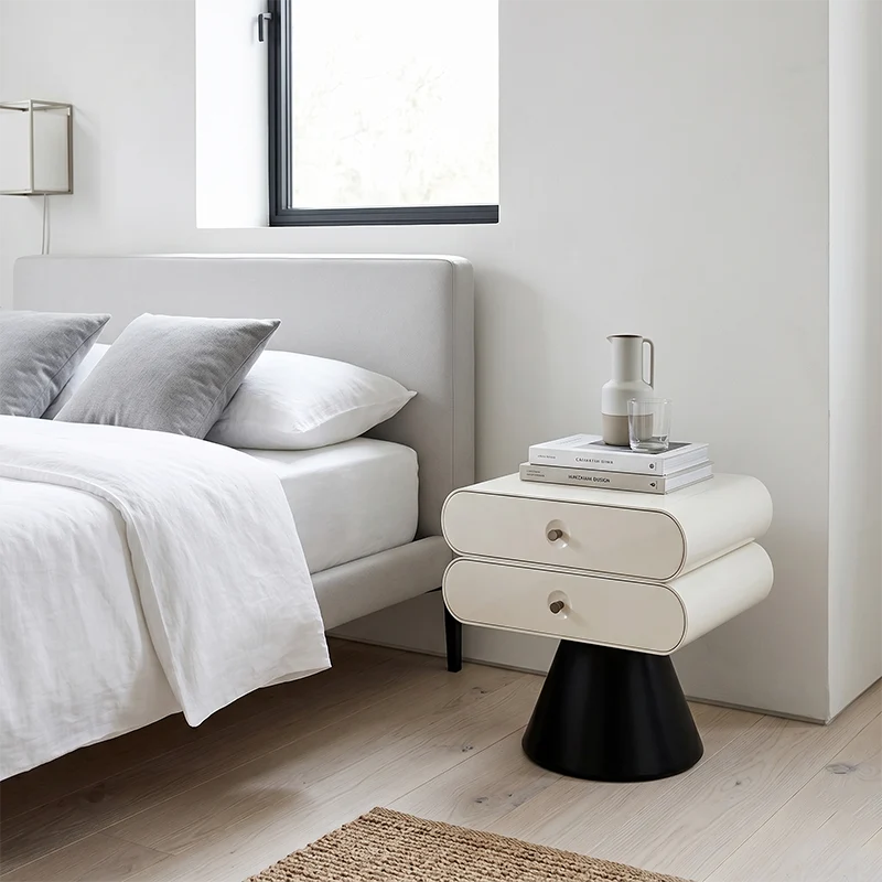 Contemporary Tapered Legs & Curved Edges Nightstand - Nordic Stylish Black And White Bedside Table With 2 Drawers For Bedroom