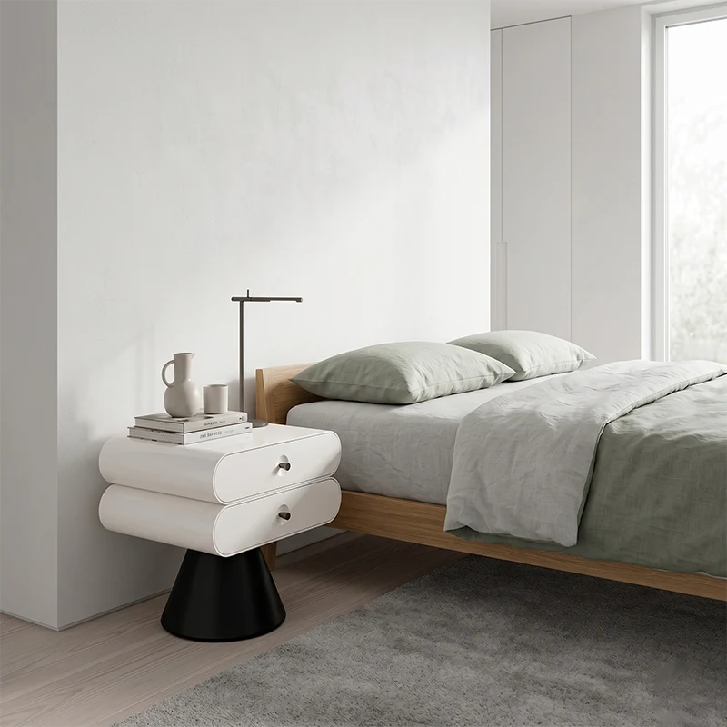 Contemporary Tapered Legs & Curved Edges Nightstand - Nordic Stylish Black And White Bedside Table With 2 Drawers For Bedroom