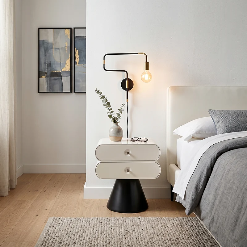 Contemporary Tapered Legs & Curved Edges Nightstand - Nordic Stylish Black And White Bedside Table With 2 Drawers For Bedroom