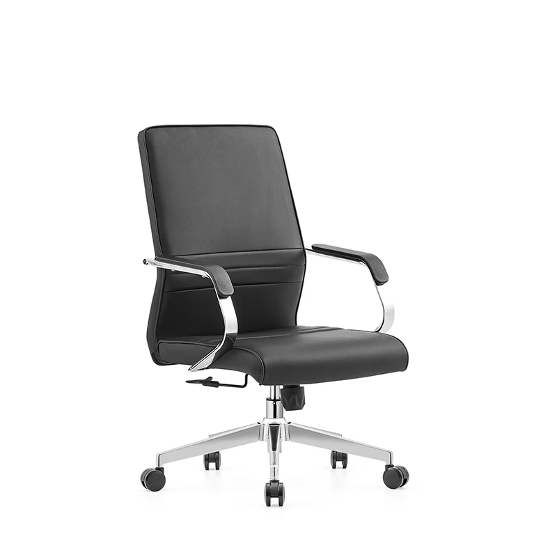 Modern Minimalist Ergonomic Mid-Back Office Chair - Adjustable Height Swivel Leather Plywood Metal Desk Chair With Wheels And Reclining Function