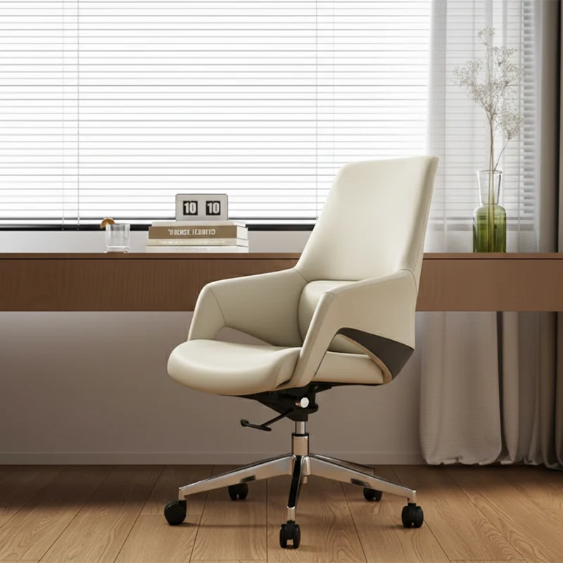 Contemporary Nordic Mid-Back Leather Plywood Metal Office Chair - Ergonomic Executive Desk Chair With Adjustable Height, Swivel Wheels & Reclining Function