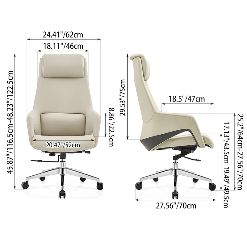 Modern Luxury Ergonomic Executive Office Chair - Adjustable Height Swivel Leather Plywood Metal Desk Chair With Wheels, Reclining Function & Aluminum Base